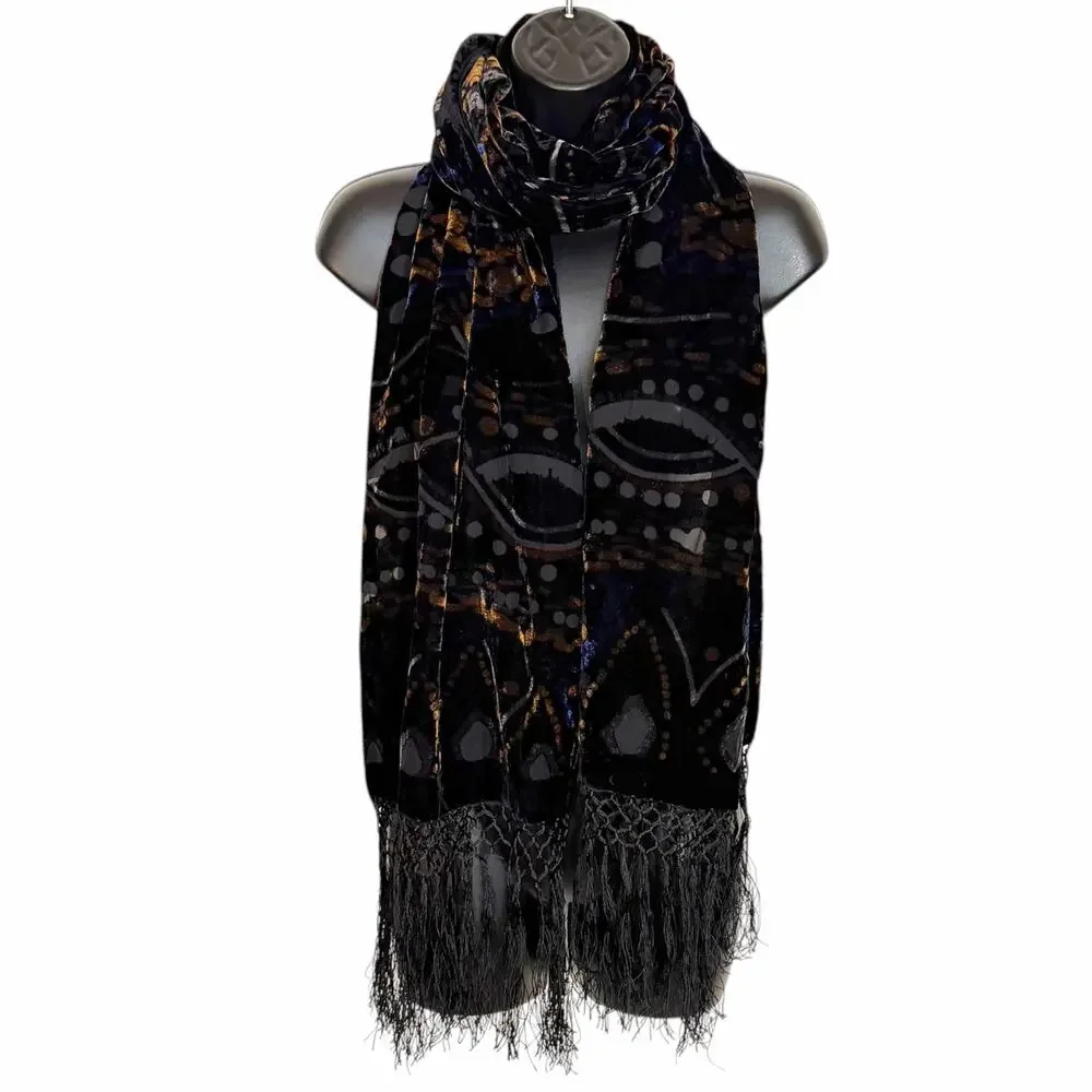 VTG Silk Blend Velvet Burnout Scarf Wrap Shawl Black Gold Blue Fringe Whimsygoth